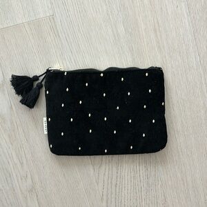 Sezane flat pouch in black velvet with embroidered gold dots